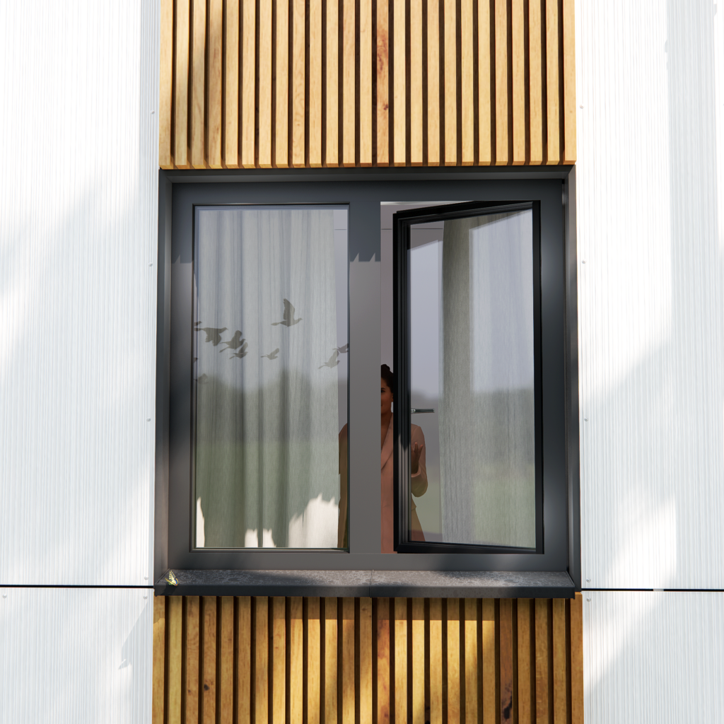 Exterior view of casement aluminum window with slim black frame