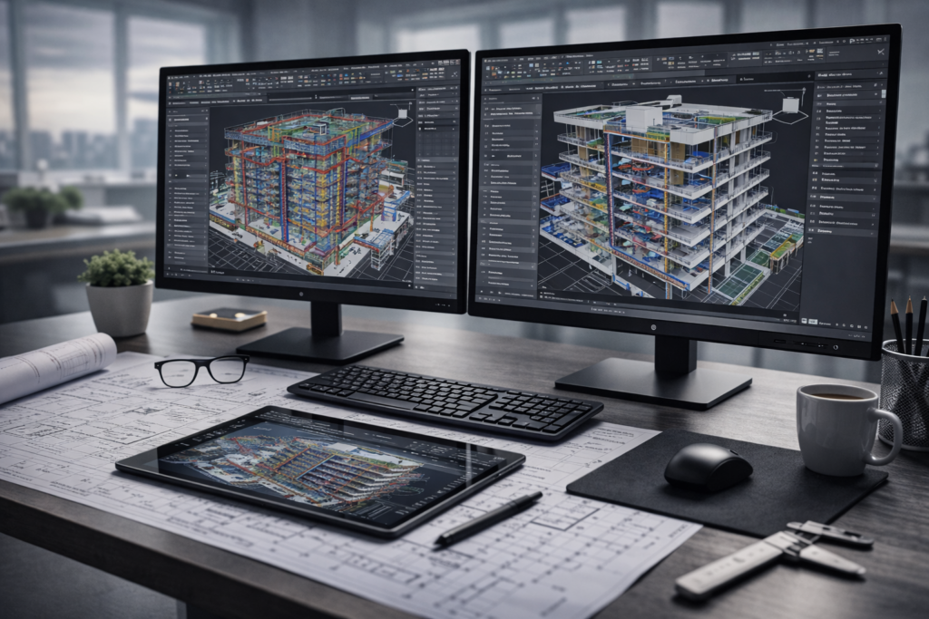 3D BIM modeling of a multi-story building with structural and system details displayed on dual screens