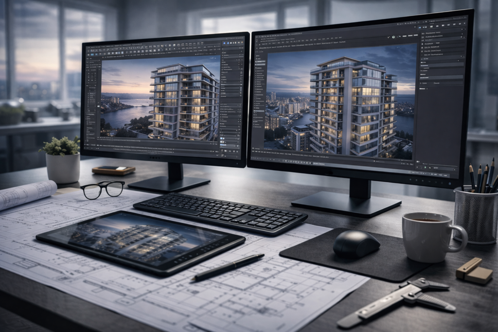 Architectural rendering workspace showing realistic 3D building visualization on dual monitors
