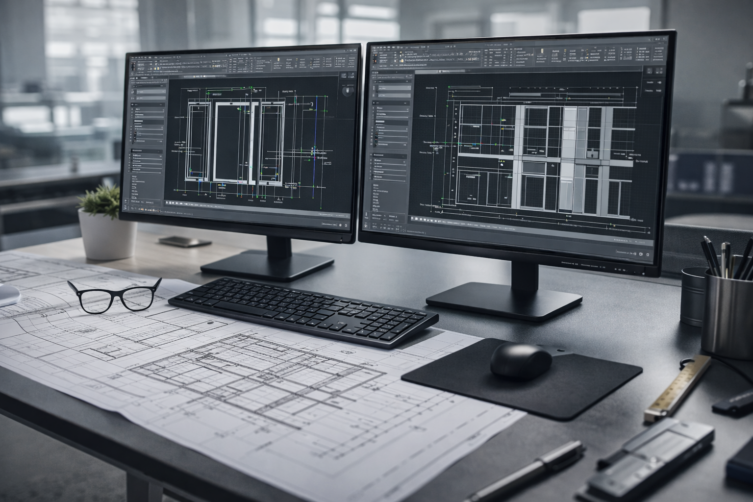 Professional CAD drafting workspace with dual monitors displaying aluminum window shop drawings and technical plans