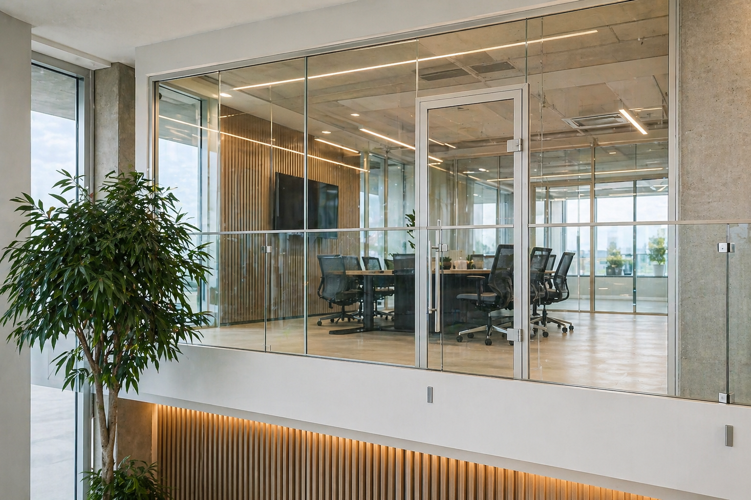 Aluminum glass partition system with framed glass door in modern office interior