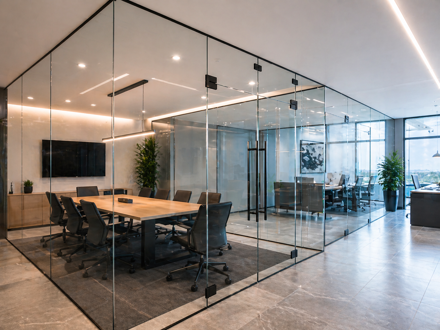 Aluminum glass interior partition system in modern office conference room with frameless glass walls
