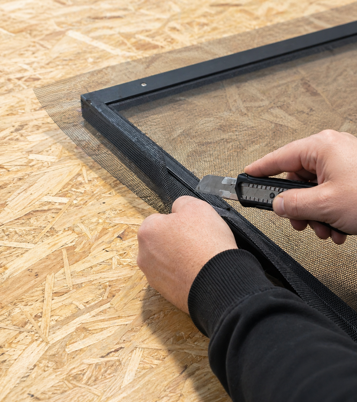 technician assembling aluminum mosquito screen frame and trimming mesh for precise fit