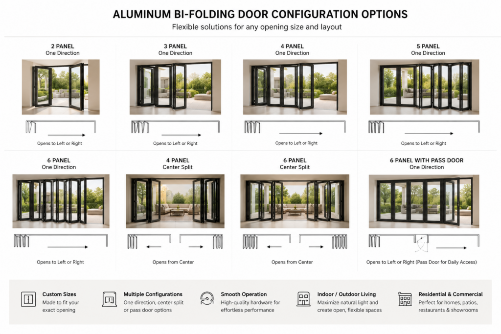 Aluminum bi-folding door opening configuration options