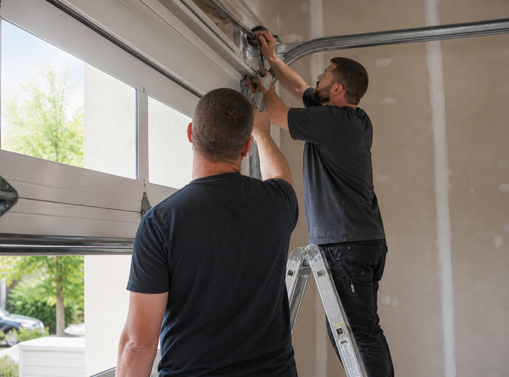 Modern aluminum sectional garage door installed on a contemporary home
