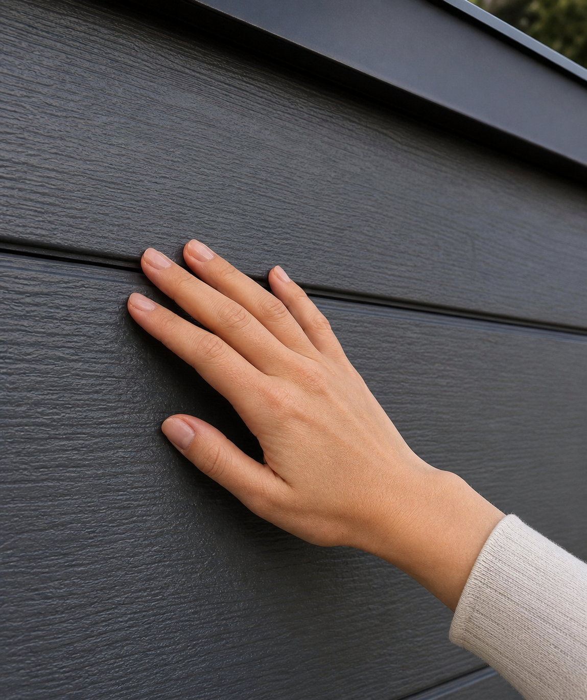 Close-up of aluminum sectional garage door panel surface and texture
